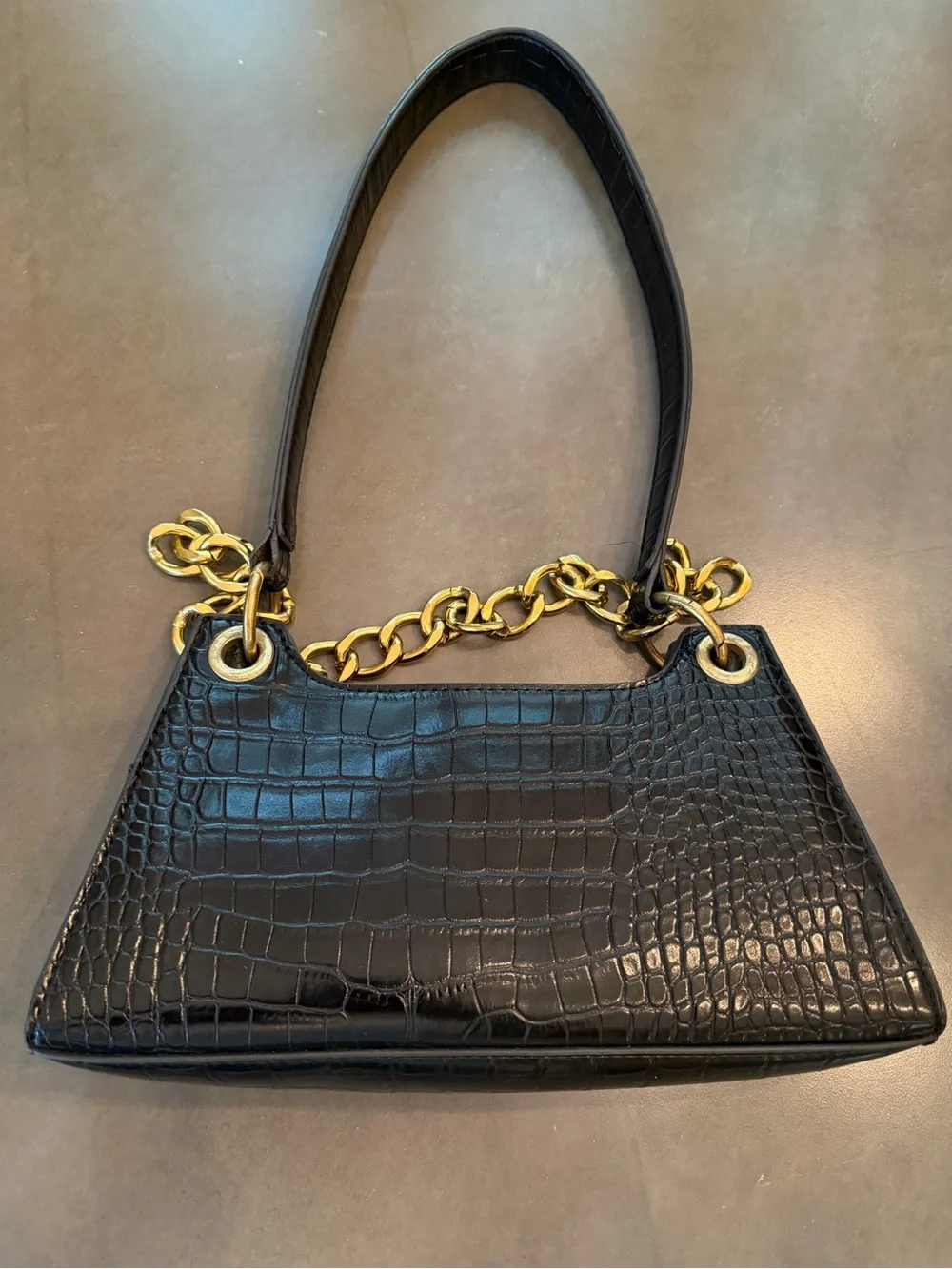 Black Croc-Embossed Shoulder Bag with Gold Chain